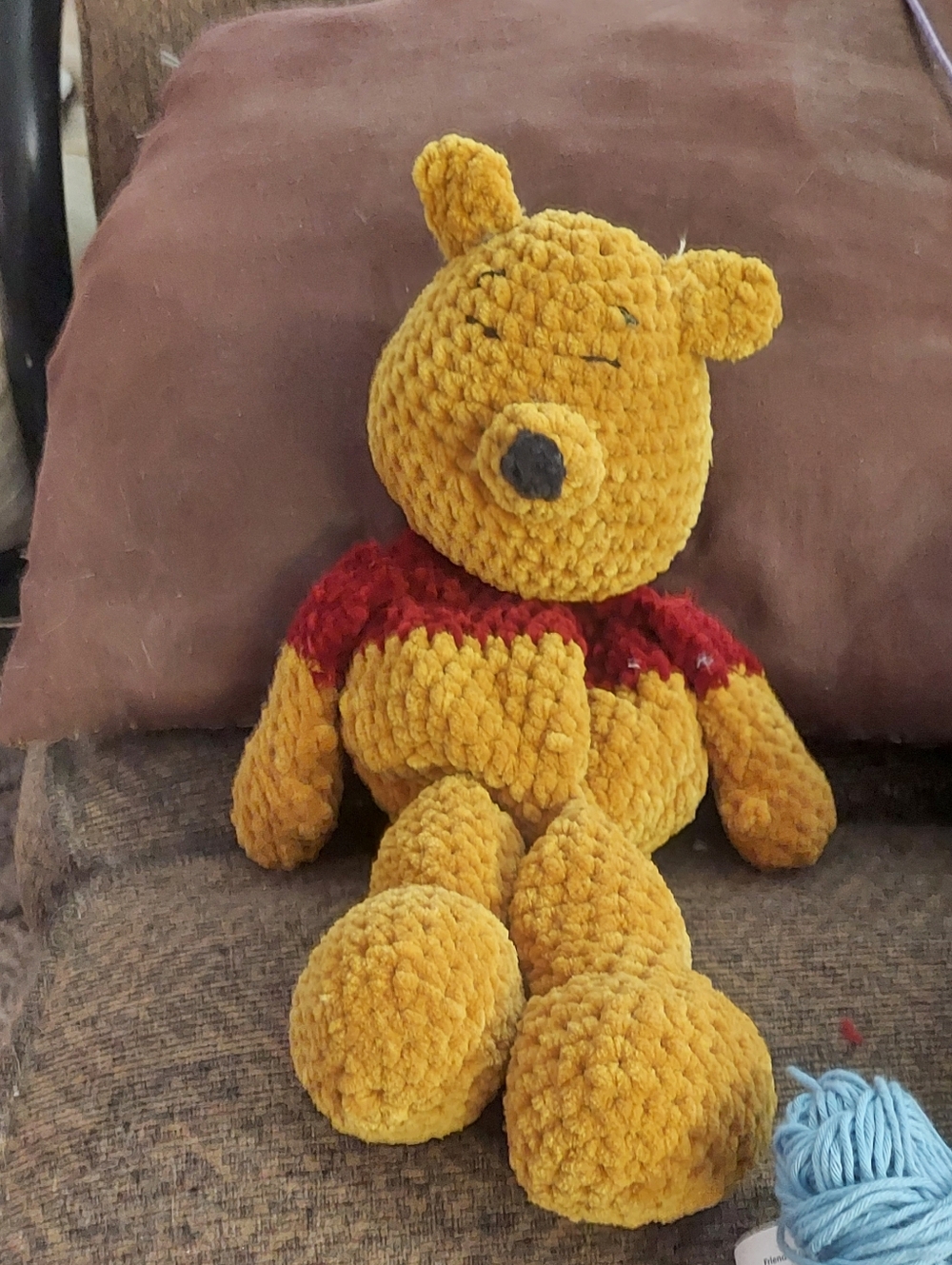 Handmade Plush Winnie Pooh Bear Toy - Mustard Yellow with Red Sweater